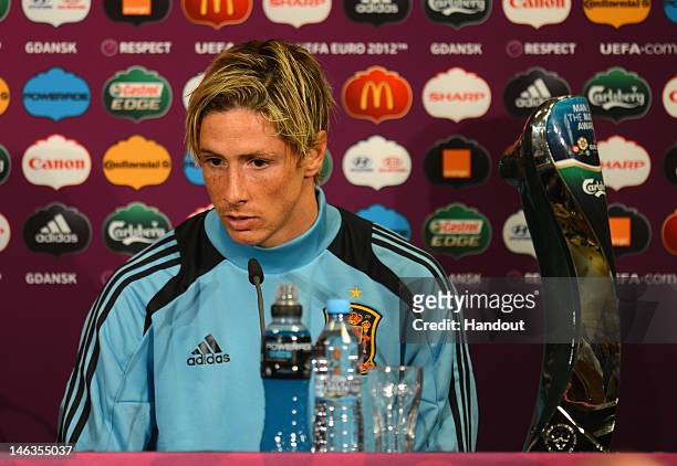 In this handout image provided by UEFA, Fernado Torres of Spain talks to the media after the UEFA EURO 2012 Group C match between Spain and Republic...