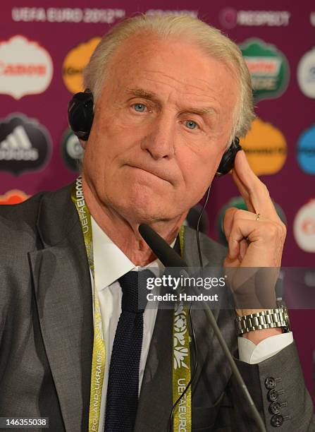 In this handout image provided by UEFA, Coach Giovanni Trapattoni of Republic of Ireland talks to the media after the UEFA EURO 2012 Group C match...