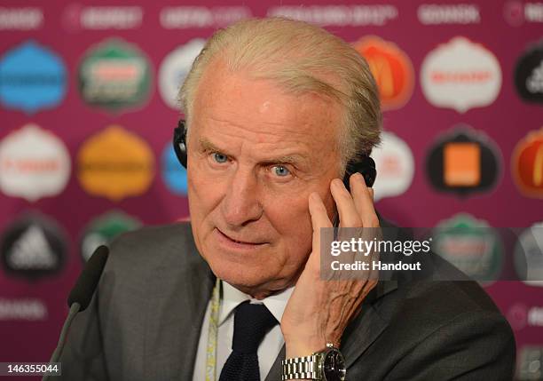 In this handout image provided by UEFA, Coach Giovanni Trapattoni of Republic of Ireland talks to the media after the UEFA EURO 2012 Group C match...