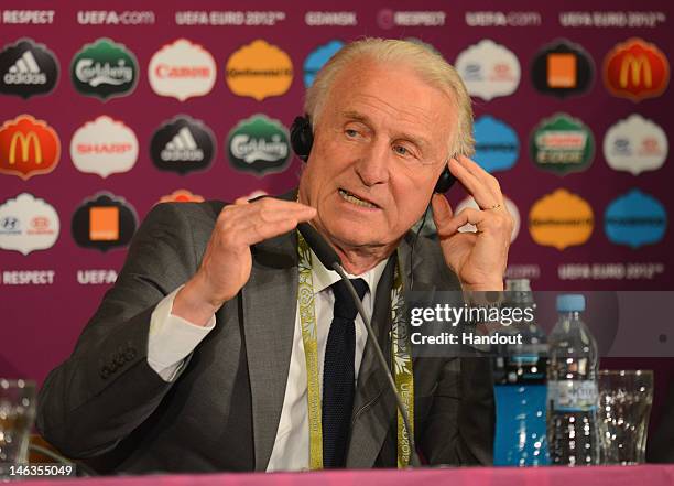 In this handout image provided by UEFA, Coach Giovanni Trapattoni of Republic of Ireland talks to the media after the UEFA EURO 2012 Group C match...