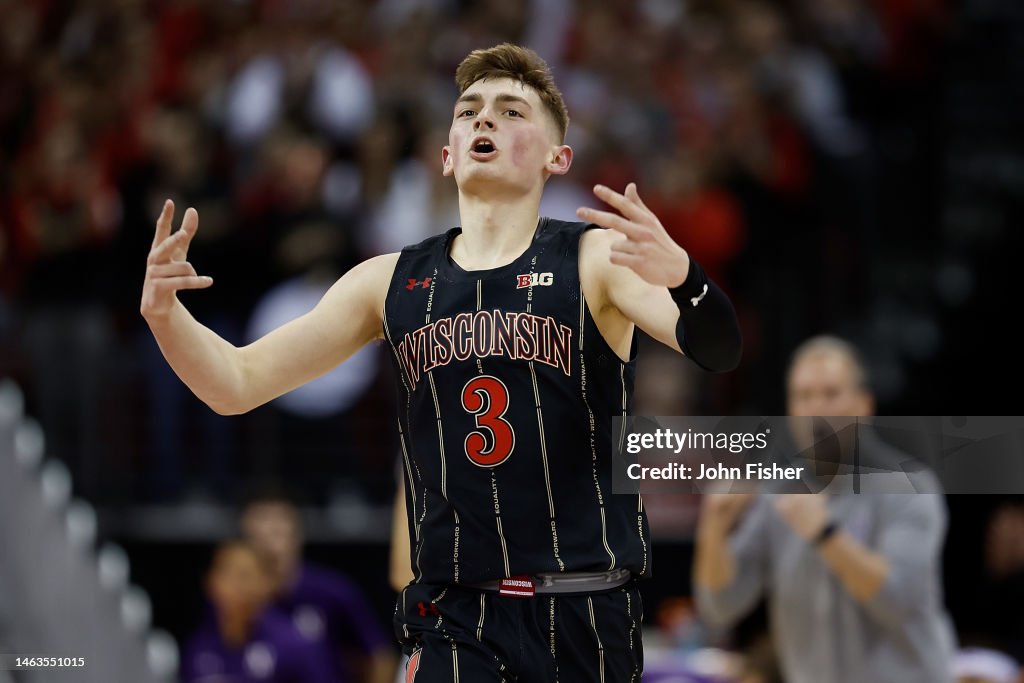 Connor Essegian Connor Essegian of the Wisconsin Badgers reacts after making a three