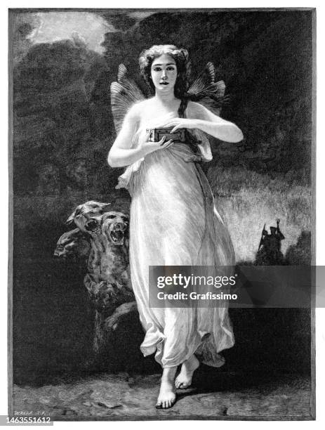 illustrations, cliparts, dessins animés et icônes de psyché avec cerbère dans sa quête des enfers 1899 - mythologie