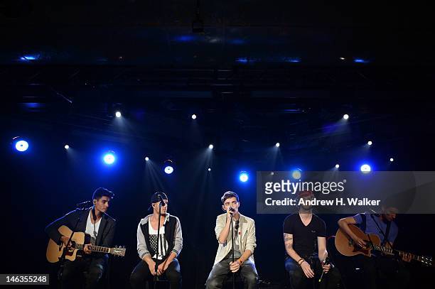 Musicians Siva Kaneswaran, Max George, Nathan Sykes, Jay McGuiness and Tom Parker of The Wanted perform onstage at the Media Mixer industry event...