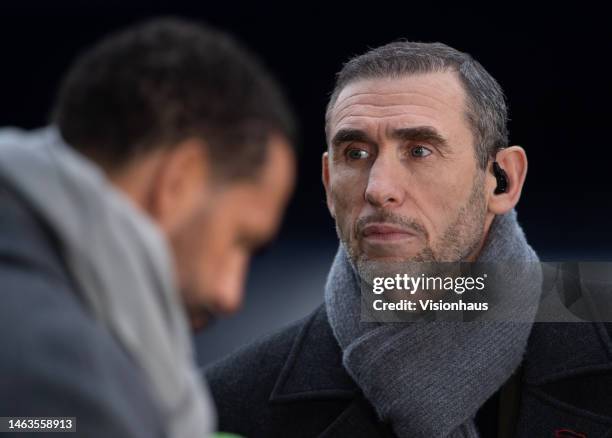 Sport pundits Martin Keown and Rio Ferdinand before the Premier League match between Everton FC and Arsenal FC at Goodison Park on February 4, 2023...