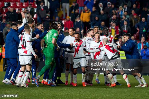 Players of Rayo Vallecano celebrates victory after the game during the LaLiga Santander match between Rayo Vallecano and UD Almeria at Campo de...