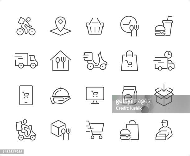 ilustraciones, imágenes clip art, dibujos animados e iconos de stock de conjunto de iconos de entrega de alimentos. peso de trazo editable. iconos de píxeles perfectos. - plato de comida