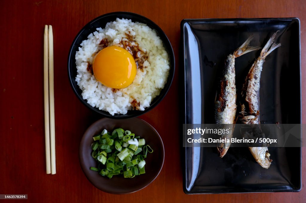 Tamago kake gohan or raw egg on rice traditional food from japan,Eat on breakfast,Romania