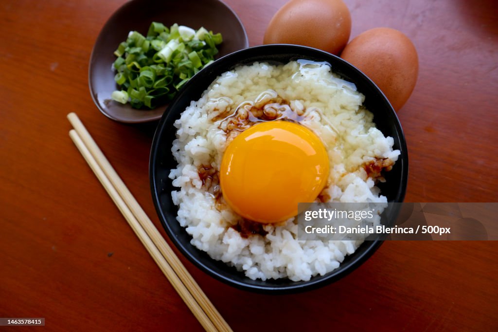 Tamago kake gohan or raw egg on rice traditional food from japan,Eat on breakfast,Romania