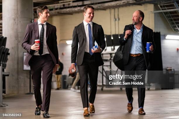 Mason Marchment , Jake Oettinger , and Peter DeBoer of the Dallas Stars arrive before a game against the Anaheim Ducks at American Airlines Center on...