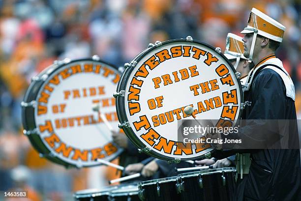 The University of Tennessee marching band drummers take the field during the Southeastern Conference football game between the Volunteers and the...