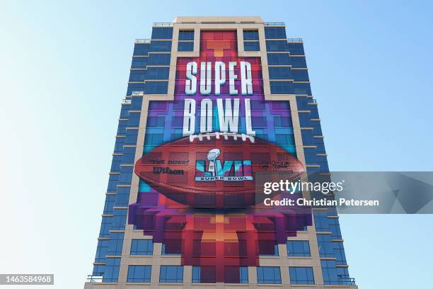 General view of Super Bowl LVII signage on February 6, 2023 in Phoenix, Arizona. Super Bowl LVII will be played between the Philadelphia Eagles and...