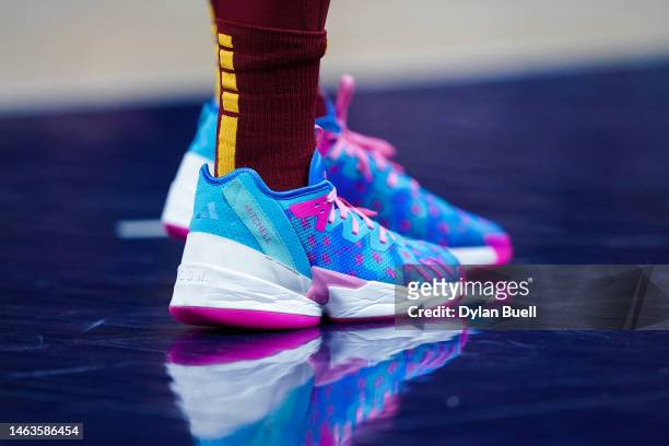 Detail view of the Adidas sneakers worn by Donovan Mitchell of the Cleveland Cavaliers in the third quarter against the Indiana Pacers at Gainbridge...