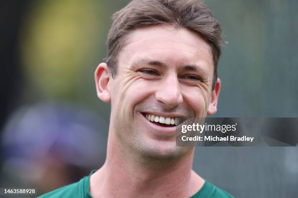 Will Young looks on during a New Zealand Test squad training session at Seddon Park on February 07, 2023 in Hamilton, New Zealand.