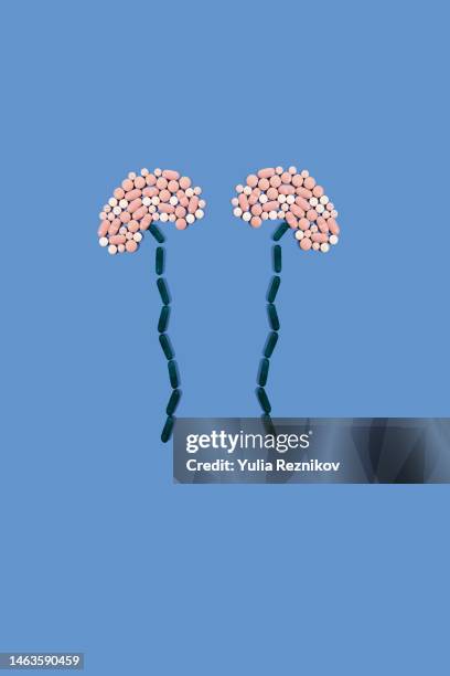 pills in shape of human kidneys on the blue background - arterien stock-fotos und bilder