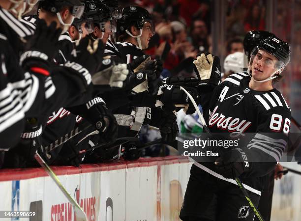 Jack Hughes of the New Jersey Devils celebrates his goal in the first period against the Vancouver Canucks at Prudential Center on February 06, 2023...