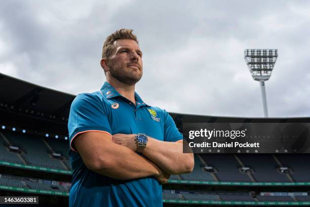 Aaron Finch poses for a photograph after announcing his retirement from international cricket during a press conference at Melbourne Cricket Ground...