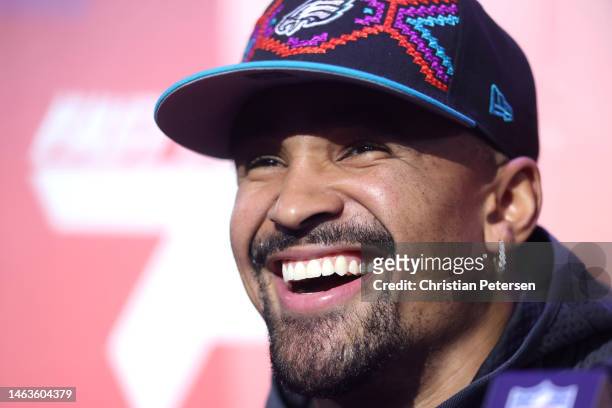 Jalen Hurts of the Philadelphia Eagles speaks to the media during Super Bowl LVII Opening Night presented by Fast Twitch at Footprint Center on...
