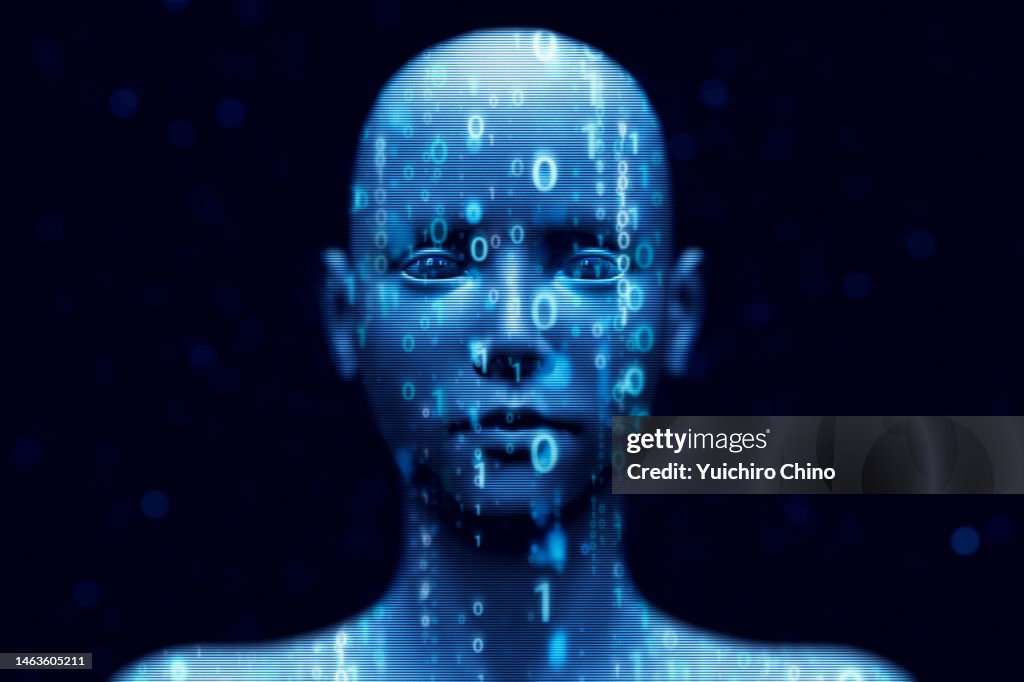 Human AI robot with flowing binary