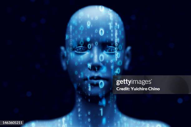 human ai robot with flowing binary - computer code stock pictures, royalty-free photos & images