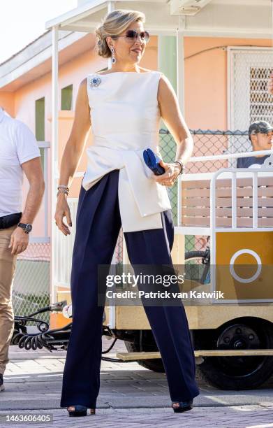 Queen Maxima of The Netherlands visits the historical center of Philipsburg and the boulevard Boardwalk at the Dutch Royal Family Tour Of The Dutch...