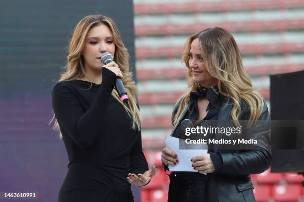 Mía Rubín Legarreta and Andrea Legarreta attend a Cumbia Machine press conference at Plaza de Toros on February 6, 2023 in Mexico City, Mexico.