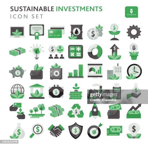 ilustrações de stock, clip art, desenhos animados e ícones de green sustainable investing growth ethical investing, socially responsible investing, impact investing icon set - consumerism stock illustrations