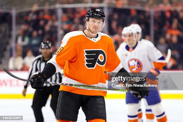 Patrick Brown of the Philadelphia Flyers looks on during the third period against the New York Islanders at Wells Fargo Center on February 06, 2023...