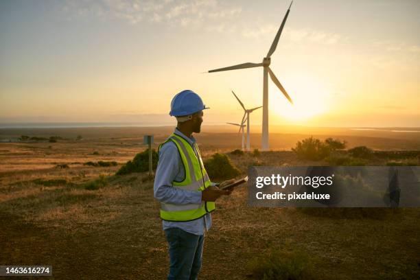 wind turbine, field and engineering man with renewable energy for countryside, sustainability and farming technology. clean energy, sustainable and electricity windmill of person on tablet in sunset - africa sunset stock pictures, royalty-free photos & images