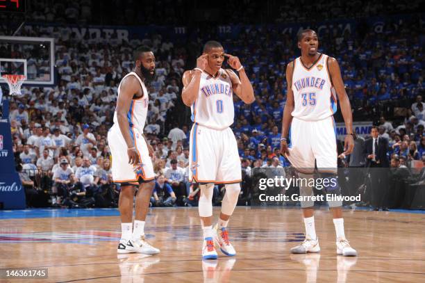 James Harden, Russell Westbrook and Kevin Durant of the Oklahoma City Thunder gets the play against the Miami Heat during Game Two of the 2012 NBA...