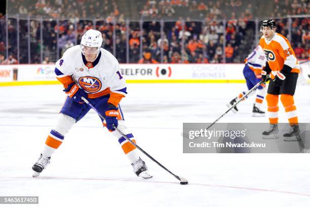 Bo Horvat of the New York Islanders skates with the puck during the third period against the Philadelphia Flyers at Wells Fargo Center on February...