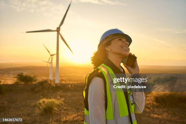 phone call, wind turbine and engineer on sustainable farm for maintenance, repair or building. agriculture, cellphone and woman industry worker on mobile conversation by natural field in countryside. - powerhouse stock pictures, royalty-free photos & images