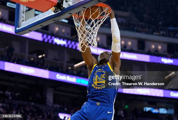 Jonathan Kuminga of the Golden State Warriors slam dunks against the Oklahoma City Thunder during the first quarter at Chase Center on February 06,...