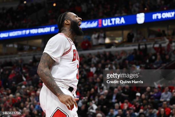 Andre Drummond of the Chicago Bulls reacts after his dunk in the second half against the San Antonio Spurs at United Center on February 6, 2023 in...