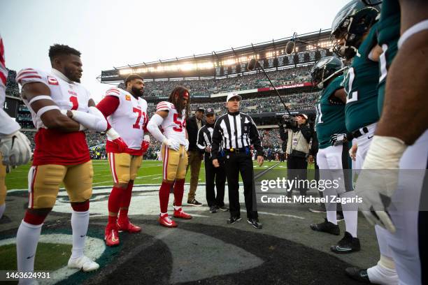 Captains of the San Francisco 49ers and the Philadelphia Eagles during the coin toss before the NFC Championship playoff game at Lincoln Financial...