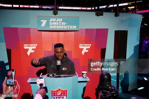 JuJu Smith-Schuster of the Kansas City Chiefs speaks to the media during Super Bowl LVII Opening Night presented by Fast Twitch at Footprint Center...