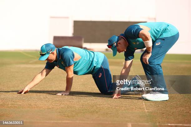 Steve Smith and David Warner of Australia check the pitchduring a training session at Vidarbha Cricket Association Ground on February 07, 2023 in...