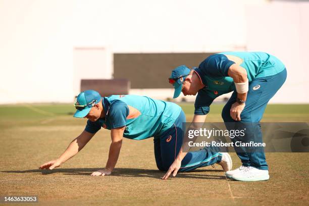 Steve Smith and David Warner of Australia check the pitchduring a training session at Vidarbha Cricket Association Ground on February 07, 2023 in...