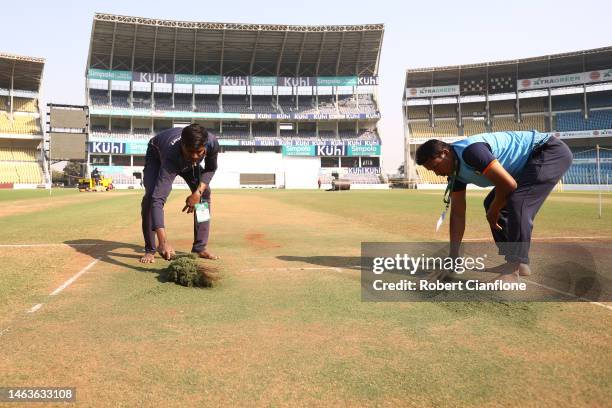 Ground keepers work on the pitch during a training session at Vidarbha Cricket Association Ground on February 07, 2023 in Nagpur, India.