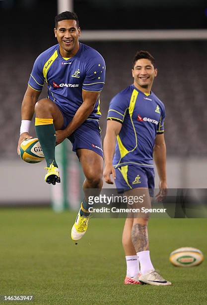 Cooper Vuna of the Wallabies shows his skills during the Australian Wallabies Captain's Run at Etihad Stadium on June 15, 2012 in Melbourne,...