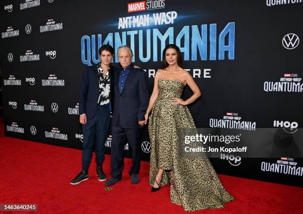 Dylan Michael Douglas, Michael Douglas, and Catherine Zeta-Jones attend Marvel Studios' “Ant-Man And The Wasp: Quantumania" at Regency Village...