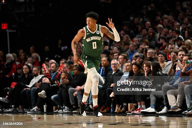 MarJon Beauchamp of the Milwaukee Bucks gestures after shooting a three point basket during the fourth quarter against the Portland Trail Blazers at...