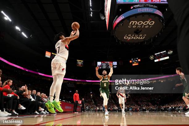 Shaedon Sharpe of the Portland Trail Blazers shoots from the three point line during the third quarter against the Milwaukee Bucks at the Moda Center...