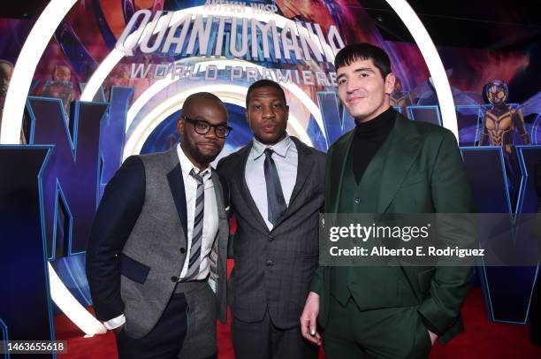 William Jackson Harper, Jonathan Majors and David Dastmalchian attend the Ant-Man and The Wasp Quantumania world premiere at Regency Village Theatre...