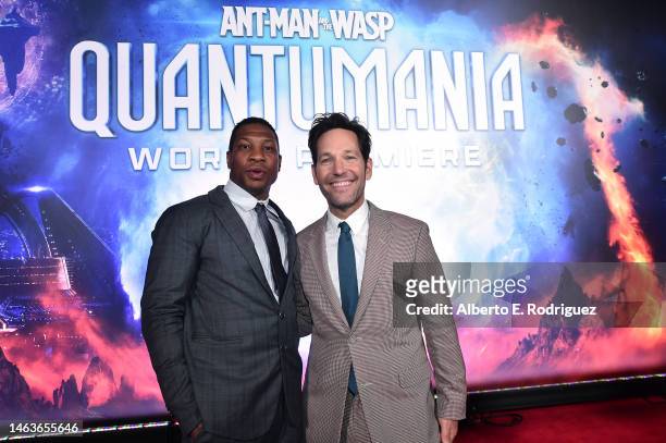 Jonathan Majors and Paul Rudd attend the Ant-Man and The Wasp Quantumania world premiere at Regency Village Theatre in Westwood, California on...