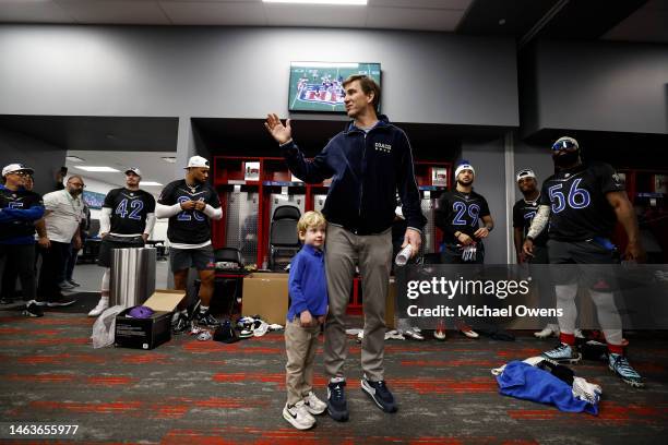 Head coach Eli Manning gives a speech in the locker room prior to an NFL Pro Bowl football game at Allegiant Stadium on February 05, 2023 in Las...