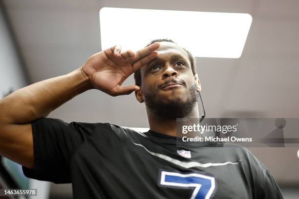 Quarterback Geno Smith of the Seattle Seahawks reacts in the locker room prior to an NFL Pro Bowl football game at Allegiant Stadium on February 05,...