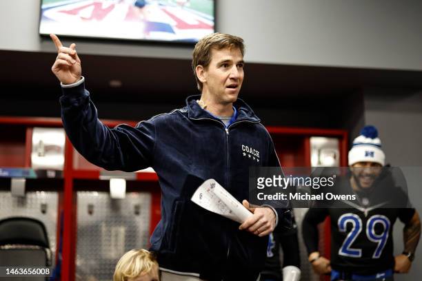 Head coach Eli Manning gives a speech in the locker room prior to an NFL Pro Bowl football game at Allegiant Stadium on February 05, 2023 in Las...