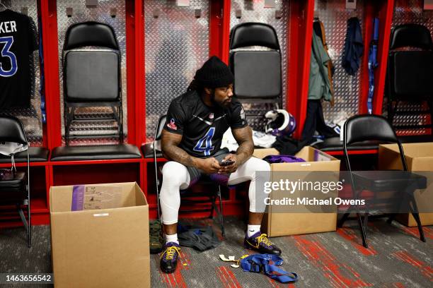 Running back Dalvin Cook of the Minnesota Vikings looks on in the locker room prior to an NFL Pro Bowl football game at Allegiant Stadium on February...