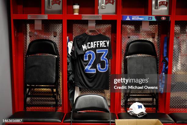 General view of NFC running back Christian McCaffrey of the San Francisco 49ers jersey hanging in the locker room prior to an NFL Pro Bowl football...