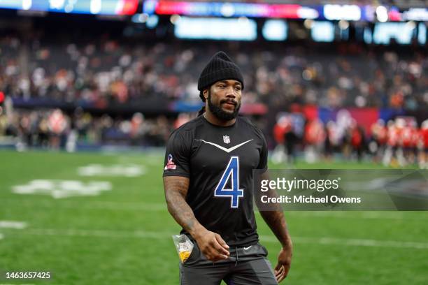 Running back Dalvin Cook of the Minnesota Vikings warms up prior to an NFL Pro Bowl football game at Allegiant Stadium on February 05, 2023 in Las...